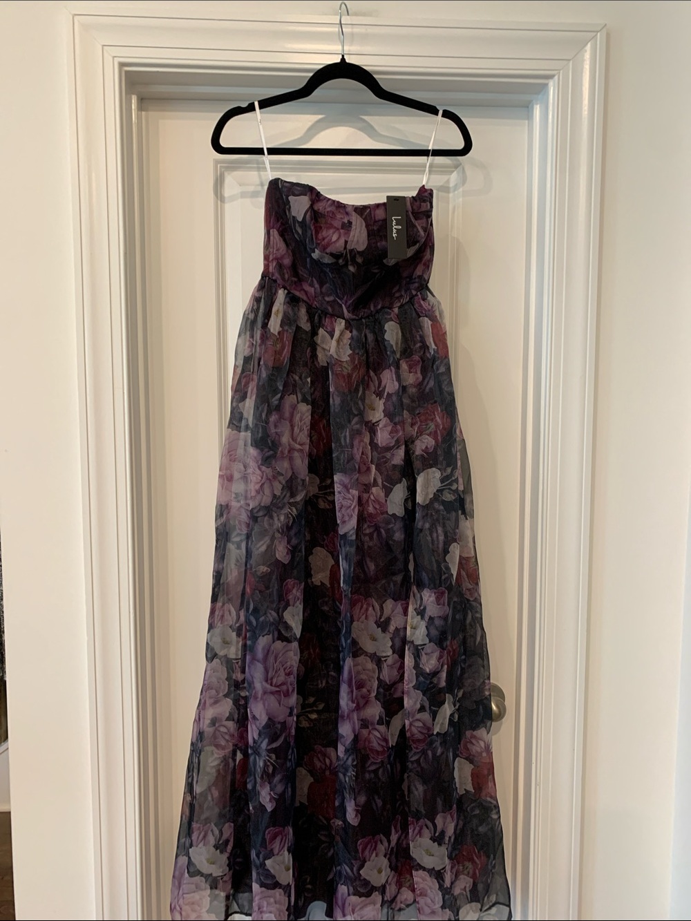 Lulu's Dark Purple Floral Chiffon strapless formal gown S NWT lined